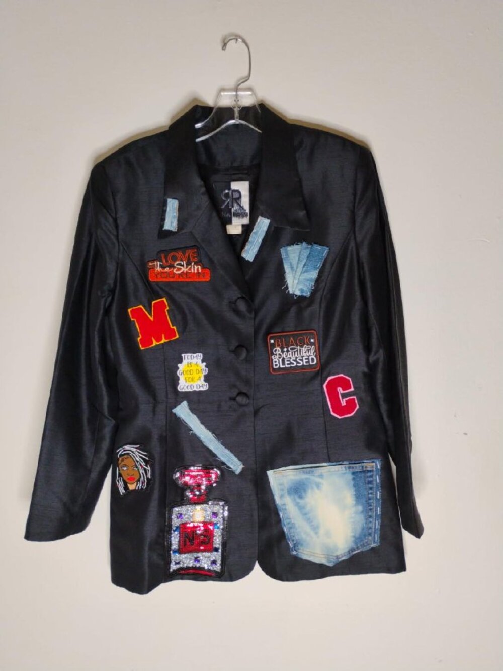 Women's size 12 black junk blazer - thrifted, dry cleaned and designed